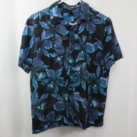 Volcom Hawaiian Shirt Youth 14 XL Black Blue Purple Floral Skate Surf SS - Picture 2 of 11
